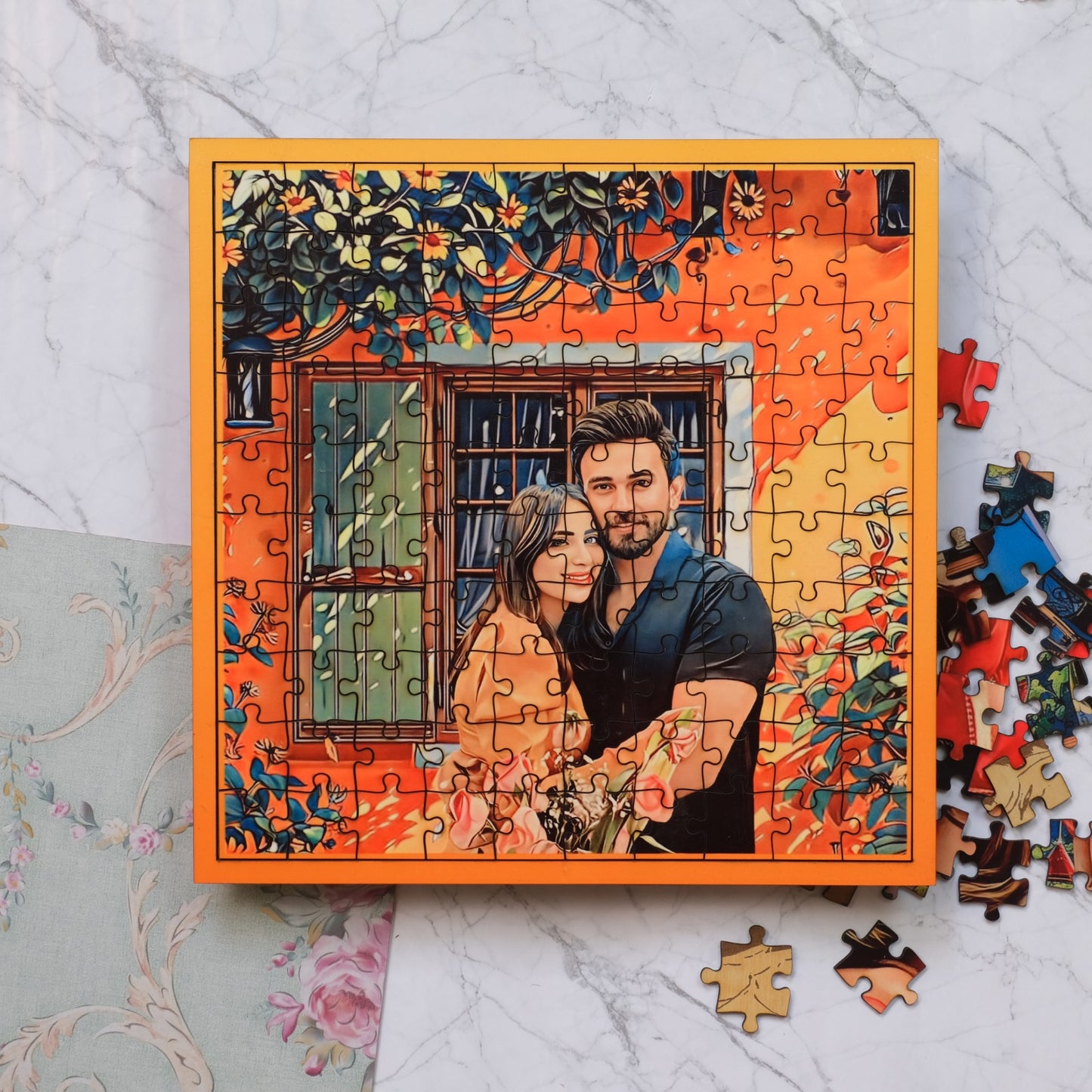 Wooden Puzzle Painting- Orange Floral (Square)