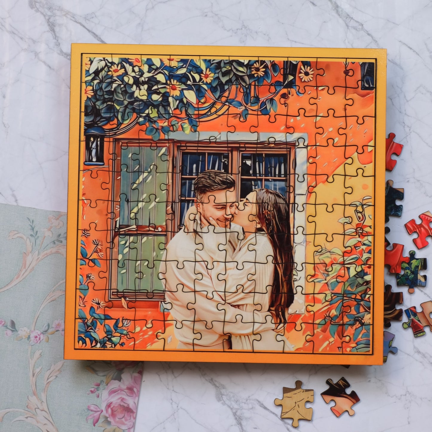 Wooden Puzzle Painting- Orange Floral (Square)